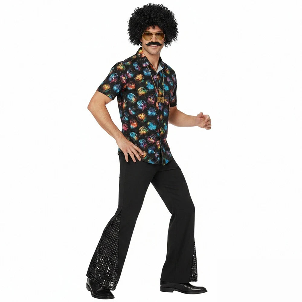 Men's 70S Retro Disco Printed Shirts Bell-Bottom Pants Afro Wig Sunglasses Costume - alternate view 6