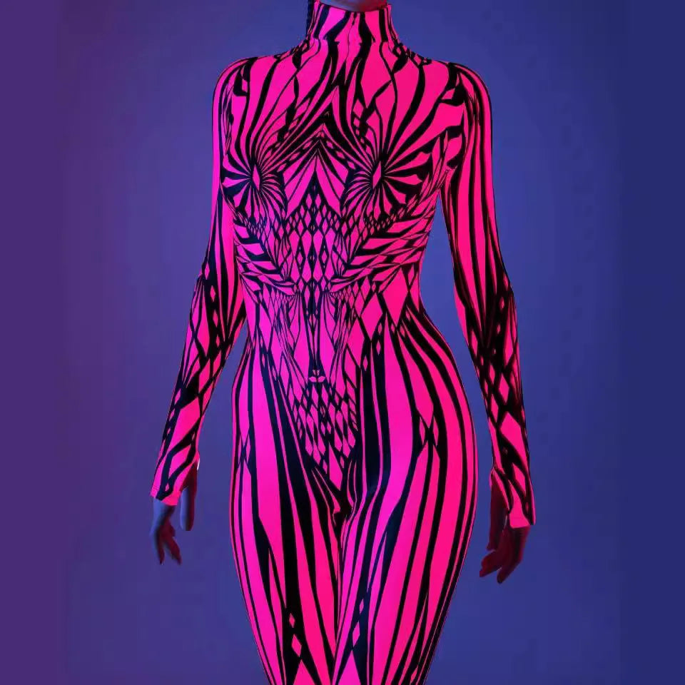 Women's 3D Abstract Print Full Body Jumpsuit Sexy Skinny High Neck Zentai Costume - alternate view 2