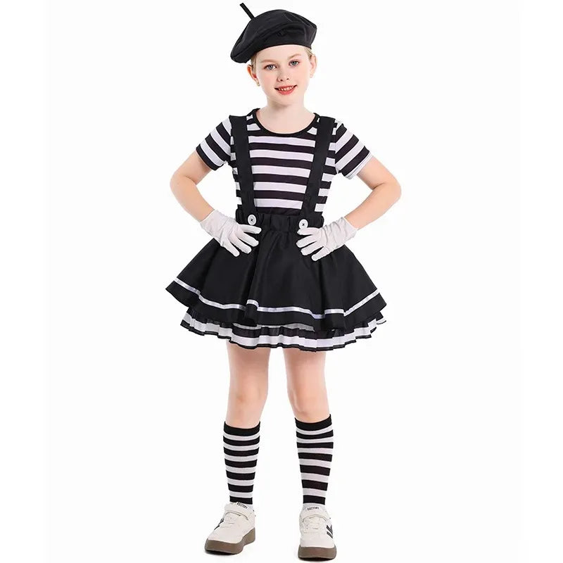 Mime Costume Clown Costume Girls Skirt T-shirt Hat Gloves Halloween Suit ﻿ - Hat Top Skirt gloves / S