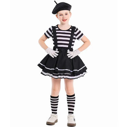 Mime Costume Clown Costume Girls Skirt T-shirt Hat Gloves Halloween Suit ﻿ - Hat Top Skirt gloves / S