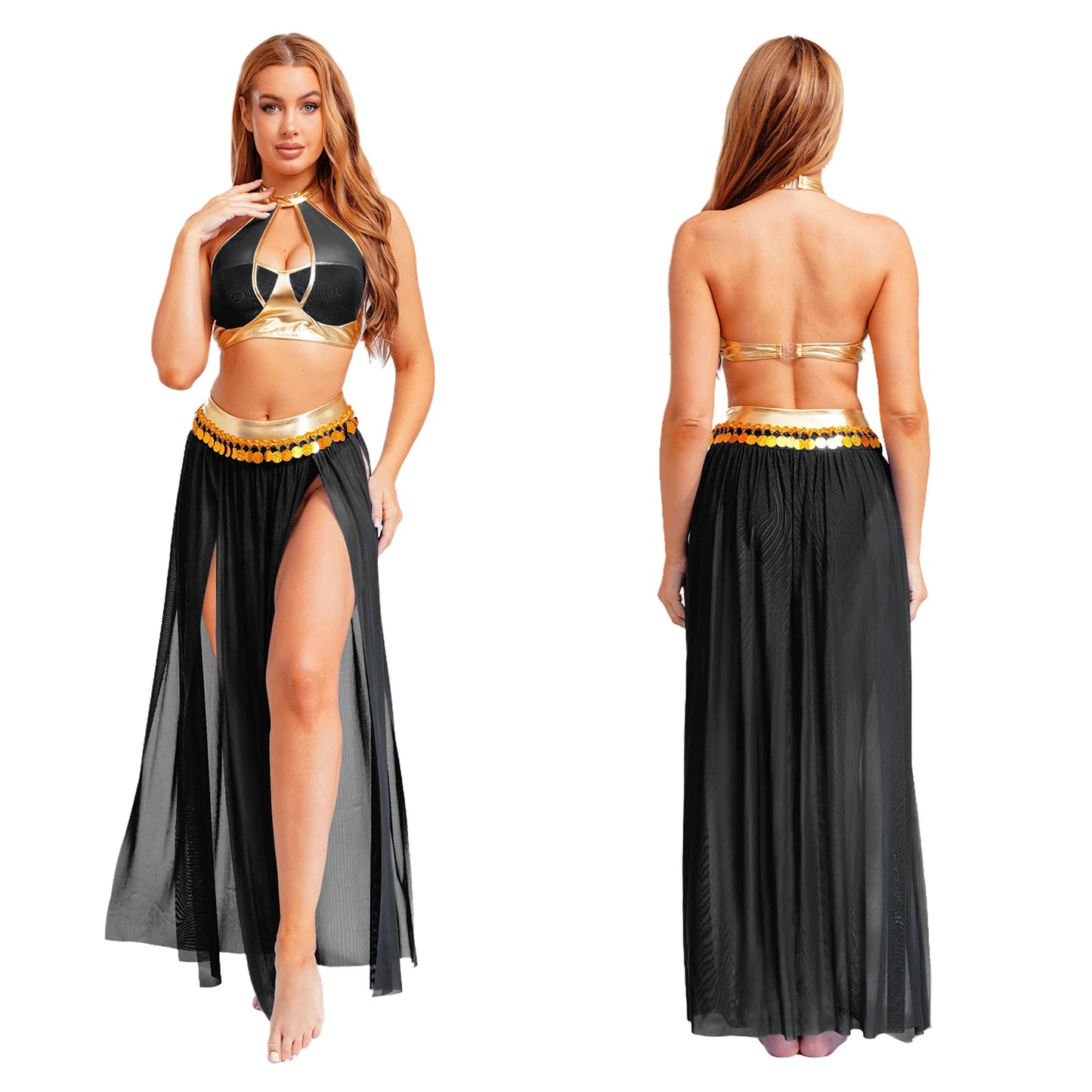 Women Halloween Cleopatra Ancient Egyptian Queen Sun Goddesses Cosplay Costume Crop Top with Skirt Belly Indian Dance Outfit