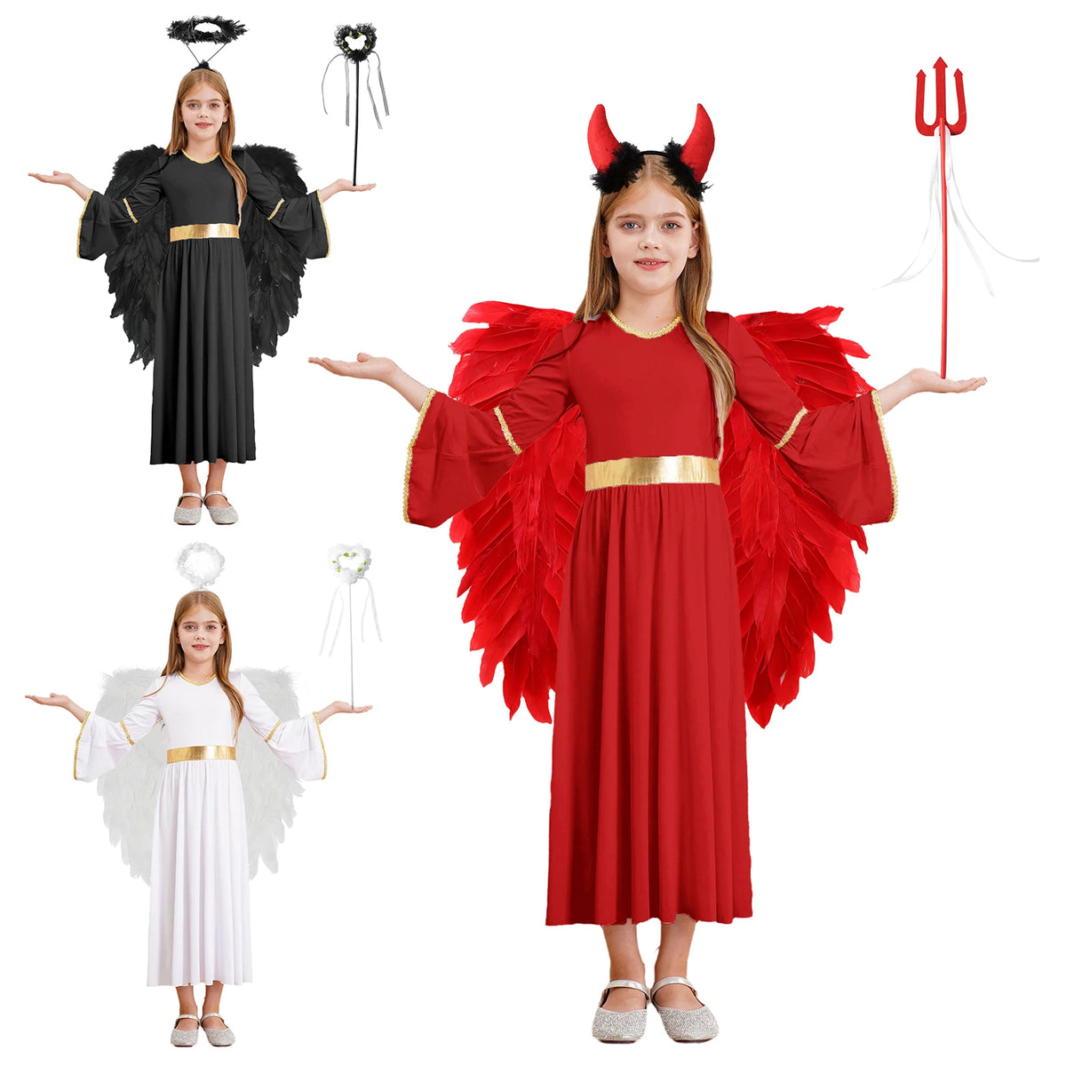 4Pcs Girls Angel Costume Outfits White Long Sleeve Dress with Feather Wings Hairband