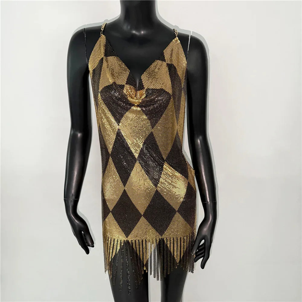 Halloween Women Metal Sequins Dress Sexy Backless Tassel V Neck Sleeveless Mini - product image 5