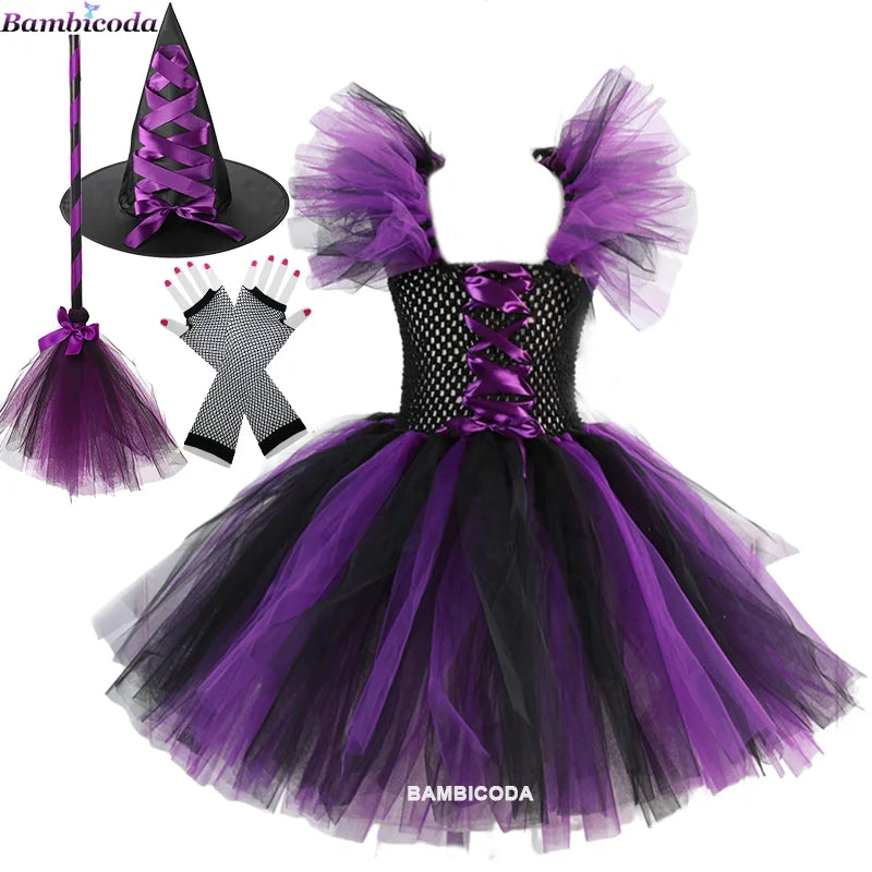 Kids' Witch Disguise Tutu Knee Hat Broom Pantyhose Halloween Costume - b2 / XL(8-9Y)