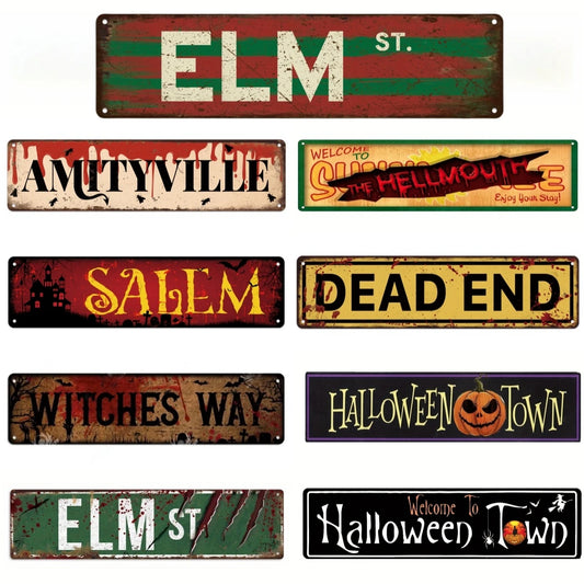Vintage Metal Aluminium Signs Funny Halloween Town Elm St Retro Signs for Cafe Bar Man Cave Home Kitchen Wall Art Decor