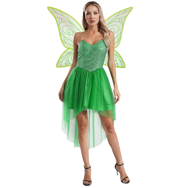 Womens Halloween Green Princess Dress Forest Tinker Costumes Bell Dress with Fairy Tale Wings for Carnival - product image 1