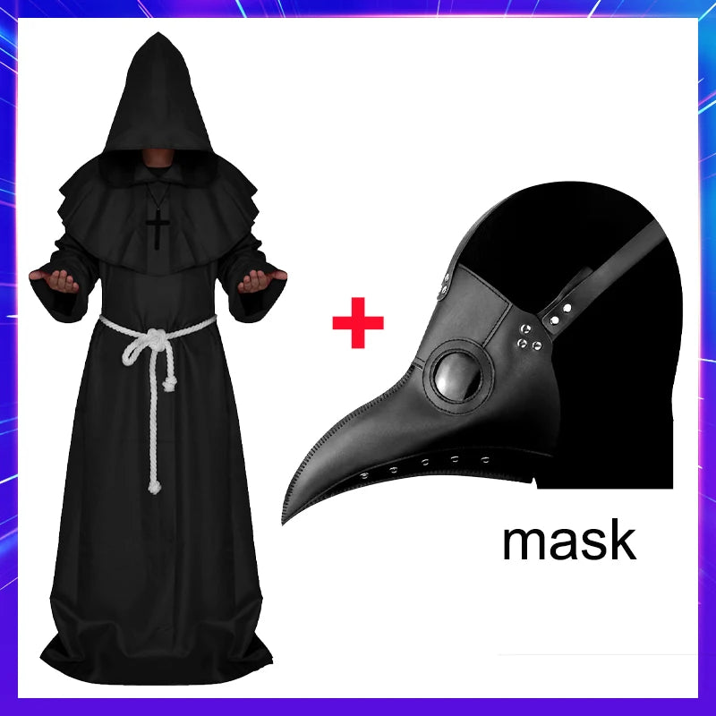 Halloween Wizard Costume Medieval Monk Hooded Robe Costume Mask Hat for Men Steampunk - C2 / Halloween cosplay