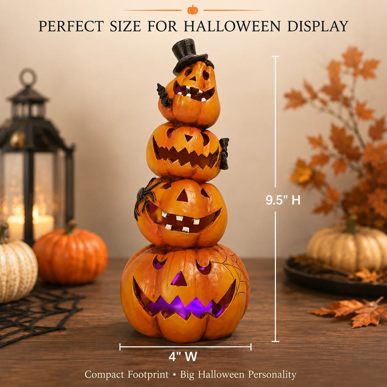 Hodao Resin Halloween Light-Up Stacked Pumpkin Figurine, 4-Tier Jack-O-Lantern Tower with Black Top Hat