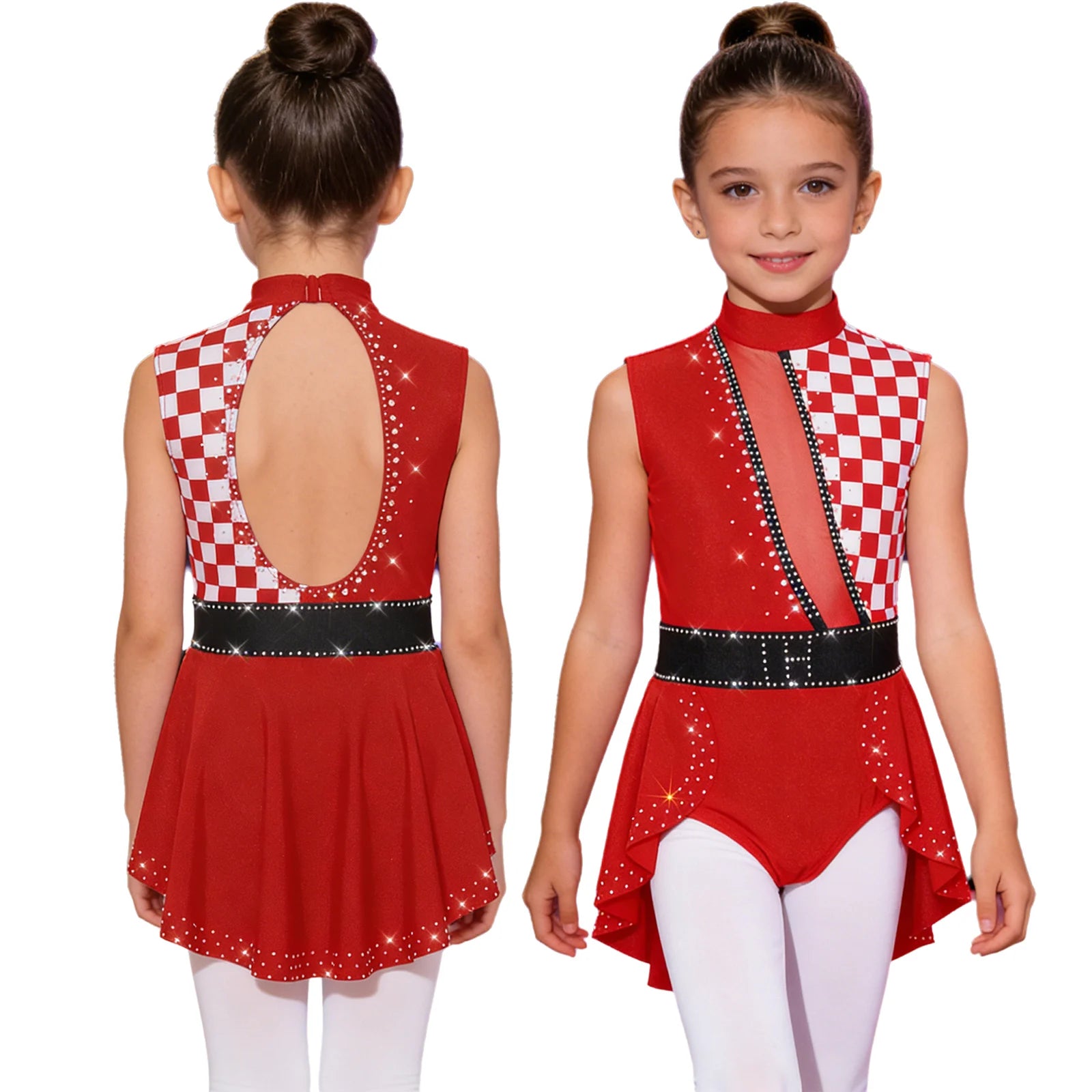 Girls Halloween Circus Clown Performance Costume Rhinestones Ballet Dance Gymnastics - Black / 16