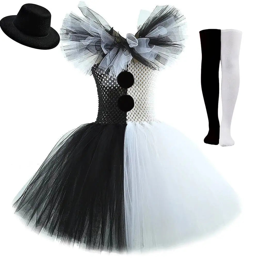 White Black Scary Clown Costumes for Girls Creepy Halloween for Kids Tutus Kids Horror - Dress with 3pc Set / 8Y