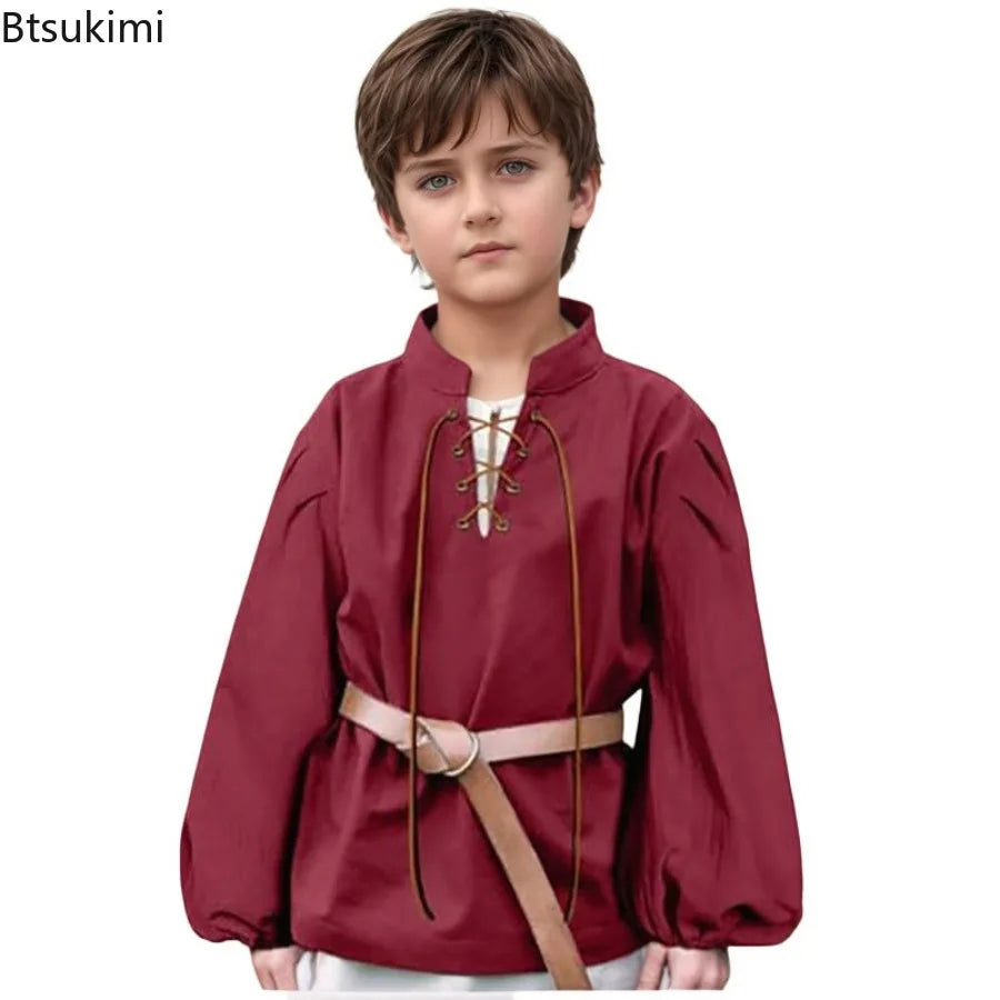 Boys Medieval Pirate Shirt Kids Renaissance Lace up Scottish Jacobite Ghillie