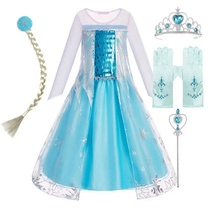 Children Carnival Blue Sequins Elsa Cosplay Dress Girls Elegant Blue Princess Costume Kids Halloween Birthday Party Clothes
