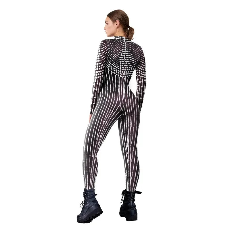 Halloween Costume Shiny Sexy Lace Sequins Pattern 3D Printed Slim Bodysuit Theme Jumpsuit for Women