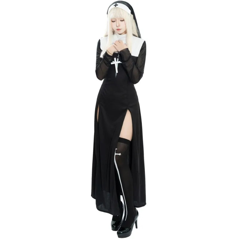 Adult Women Sexy Halloween Costume Anime Nun Costume Gothic Robe Black Uniform Themed - suit D / S