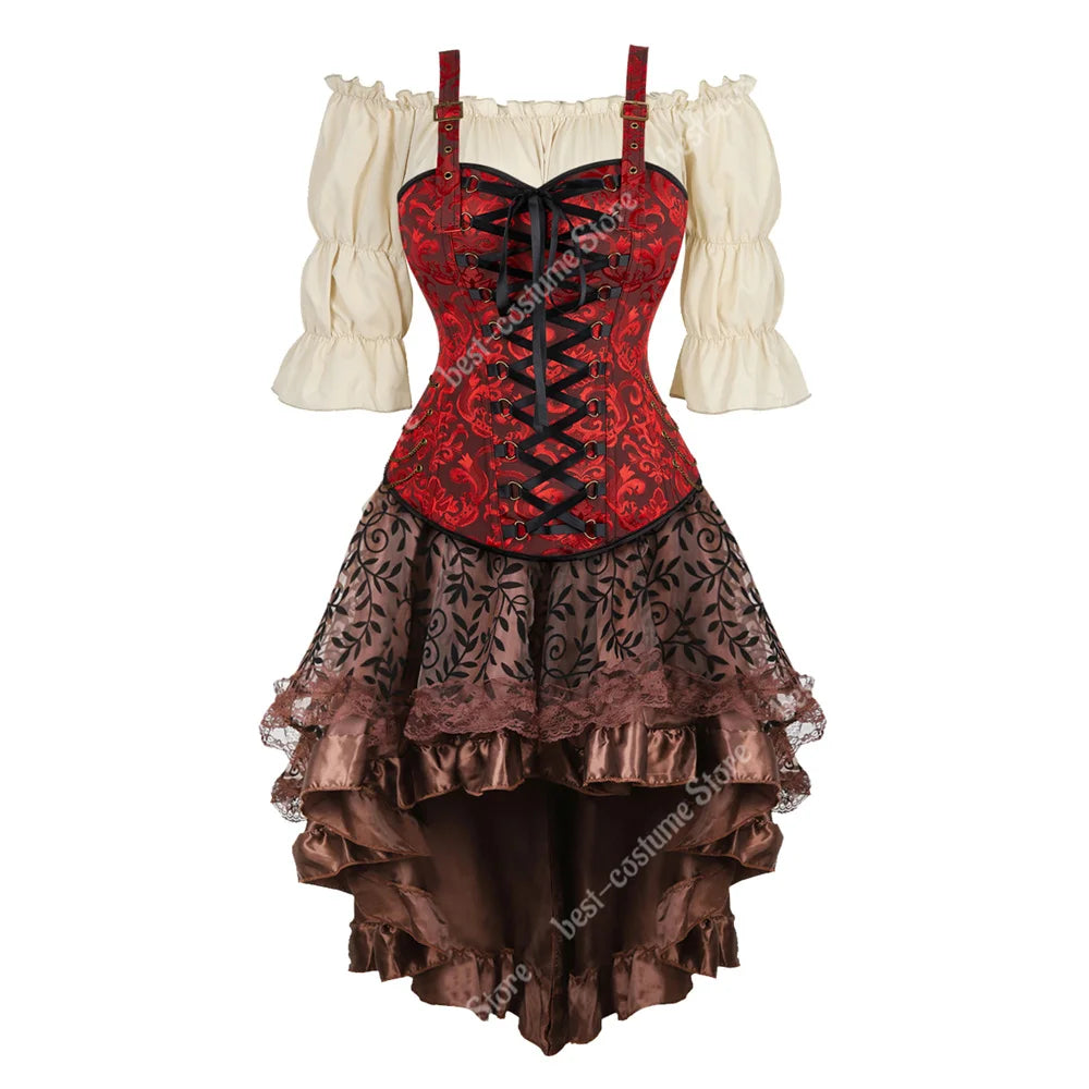 Steampunk Corset Dress Brown Pirate Costume Woman Skirt Plus Size Gothic Underbust