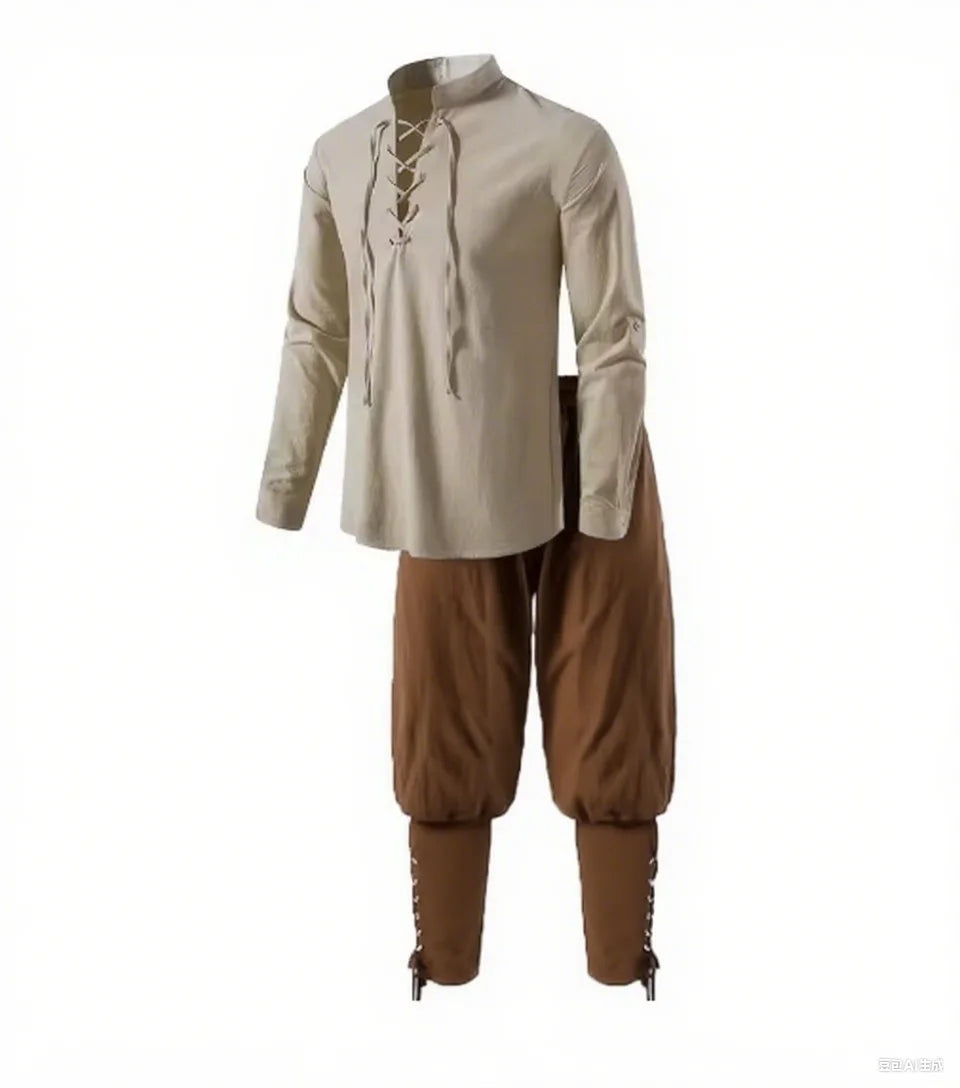 2Pcs Retro Vintage Medieval Renaissance Costume Outfits Pirate Viking Casual Daily