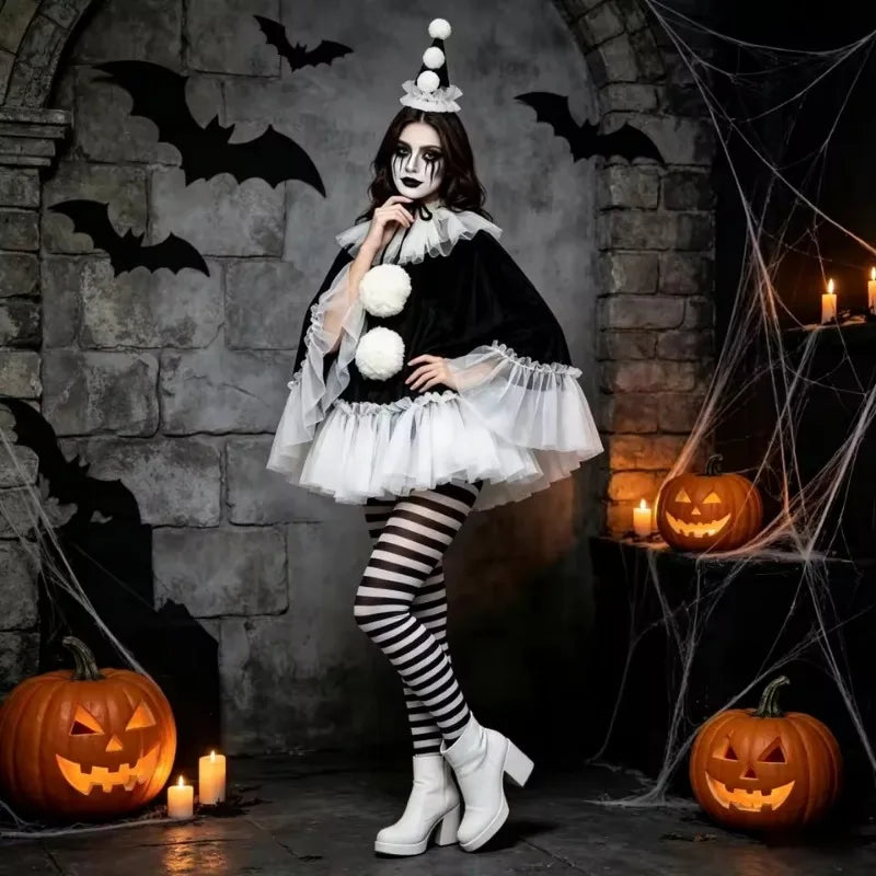 Women's Black & White Pierrot Clown Costume – Lace Cape Poncho