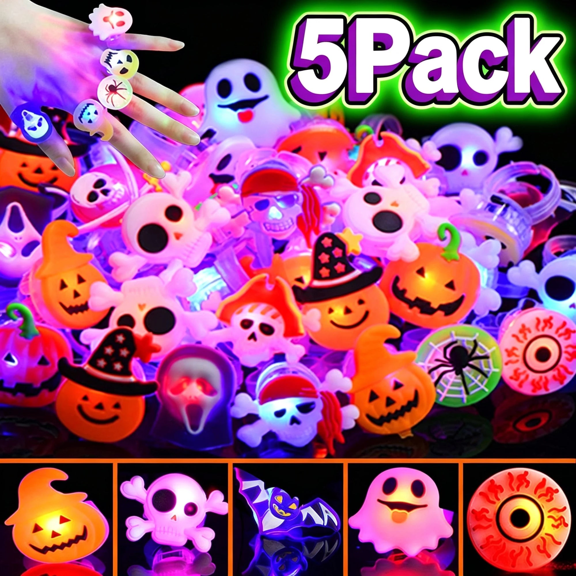 Halloween Light Up LED Rings, Non Candy Trick or Treats 3D Flashing Rings Toys Glow In the Dark Halloween Party Favor Ring Toy Gifts For Kids Adults Goodie Bag Stuffers