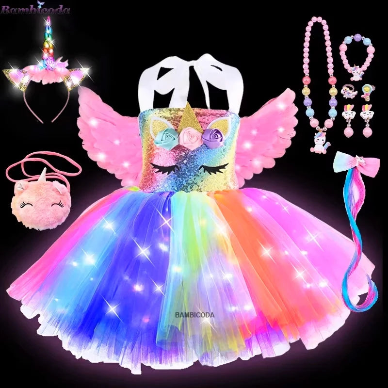 Girls Shiny Unicorn Tutu Led Lighting Dress Glowing Dresses Princess Dress Clothing