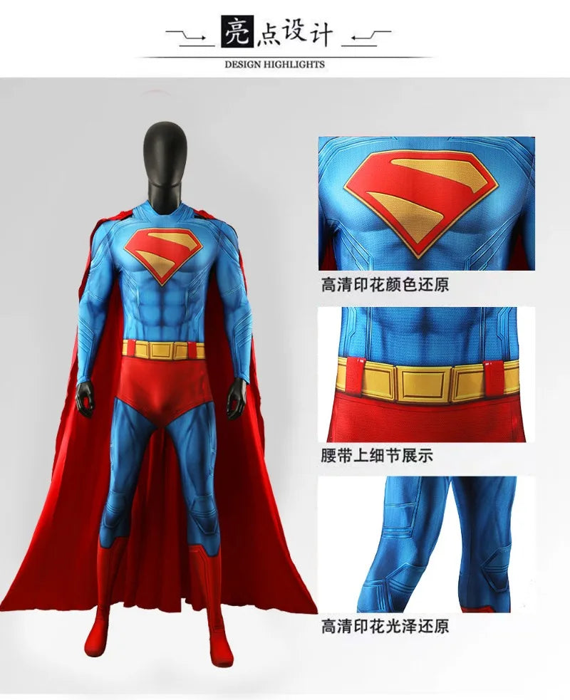 Superman Costume 3D Printed Blue Zentai Jumpsuit with Red Cape for Men Superhero Halloween - Clothes Cloak / S