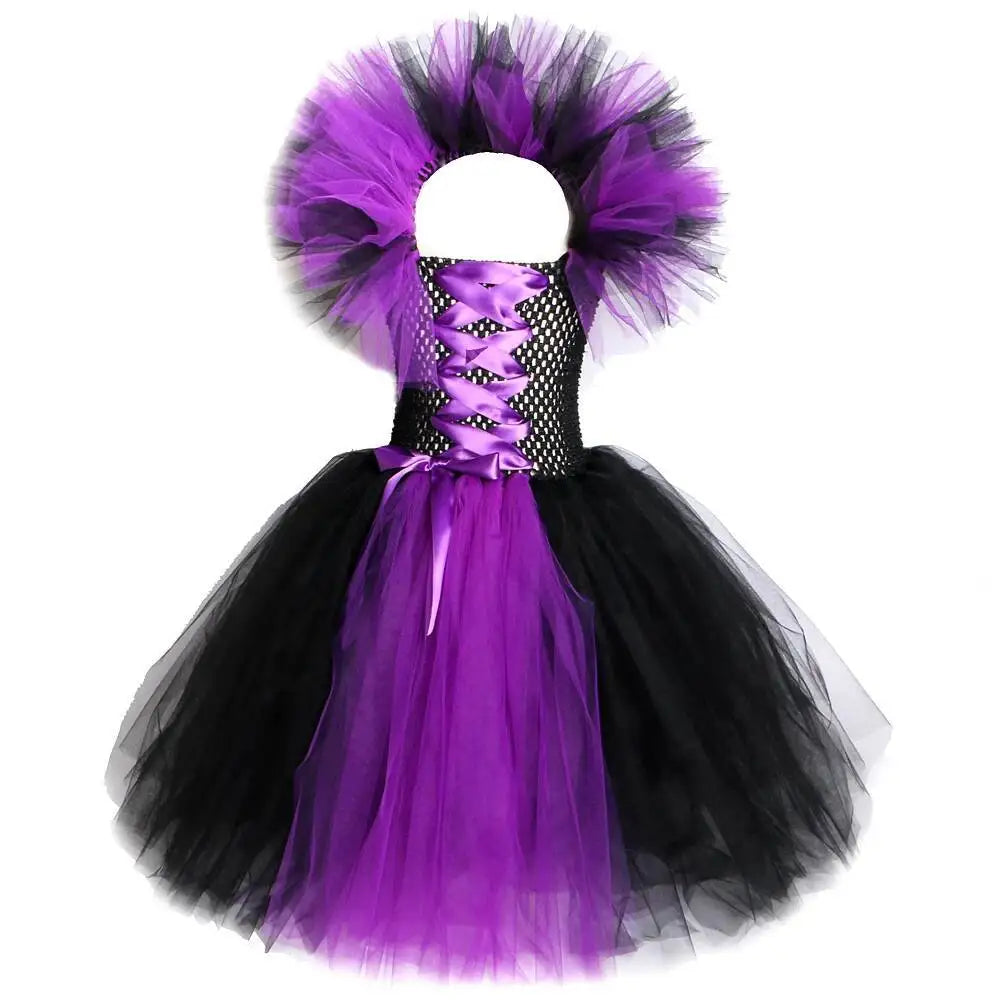 Girls Black Purple Dark Fairy Queen-Inspired Long Costumes with Feather Wings Horns