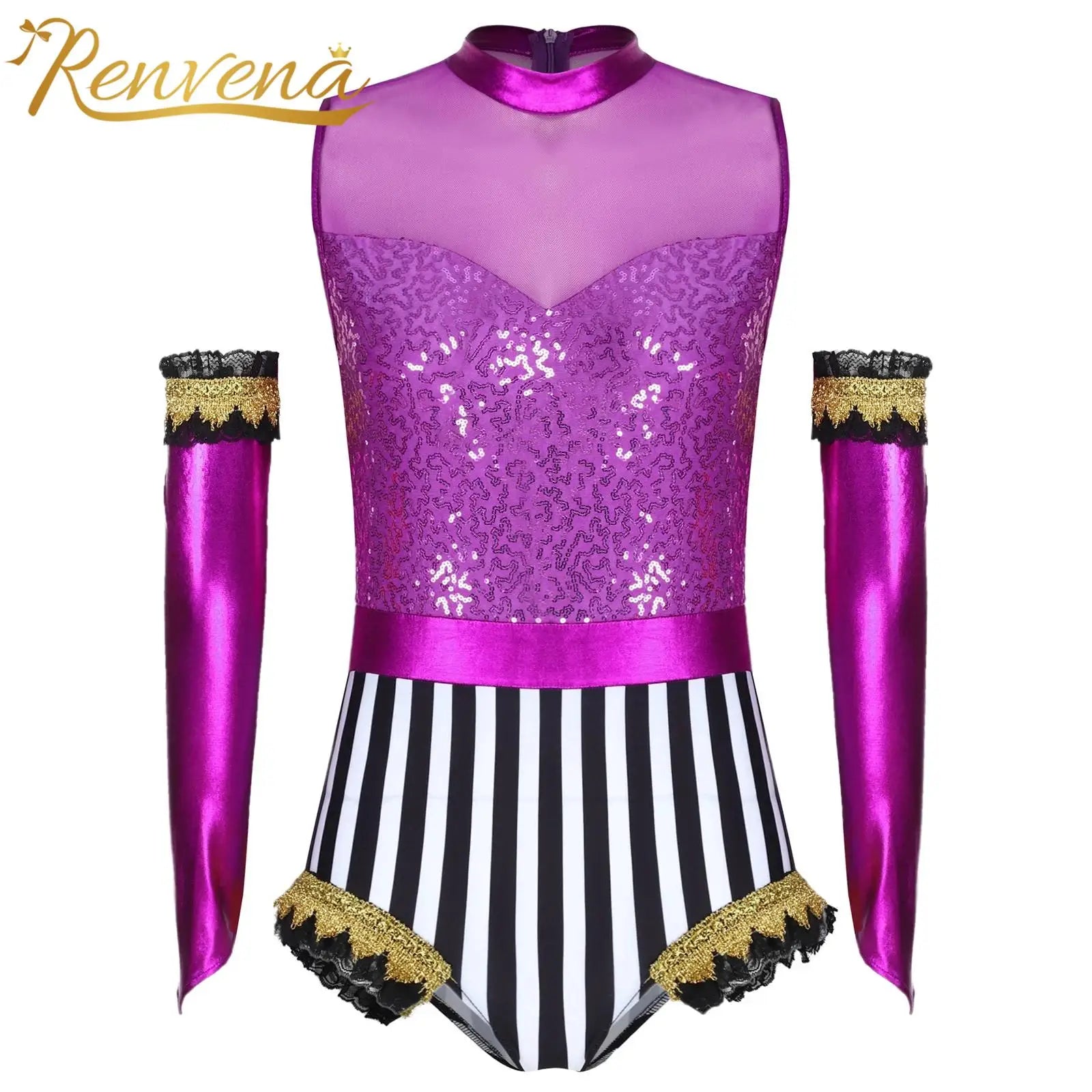 Kids Girl Circus Clown Sleeveless Dance Leotard Ringmaster Magician Jumpsuit Halloween - Red B / 10