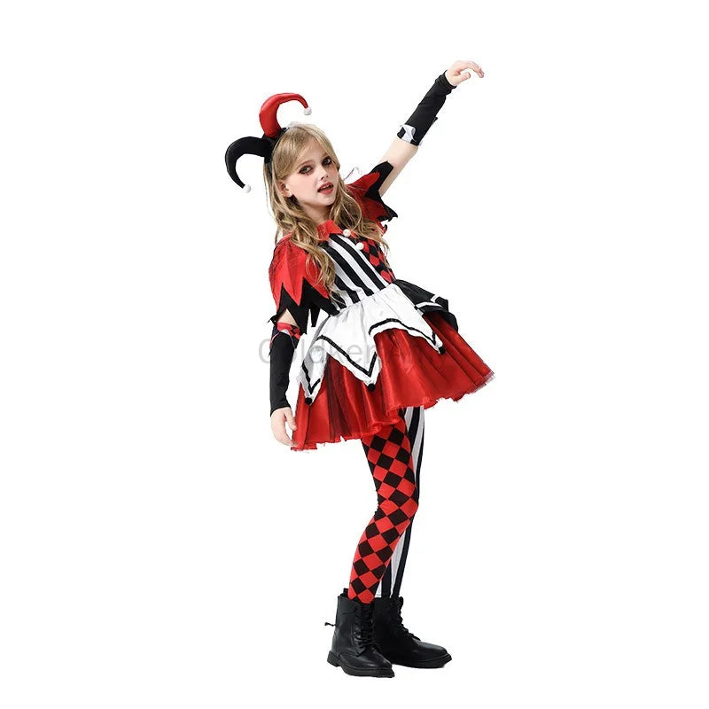 Naughty Girls Clown Costume Kids Circus Scary Tutu Dress Halloween Costume Jester Dress Up - set / 110