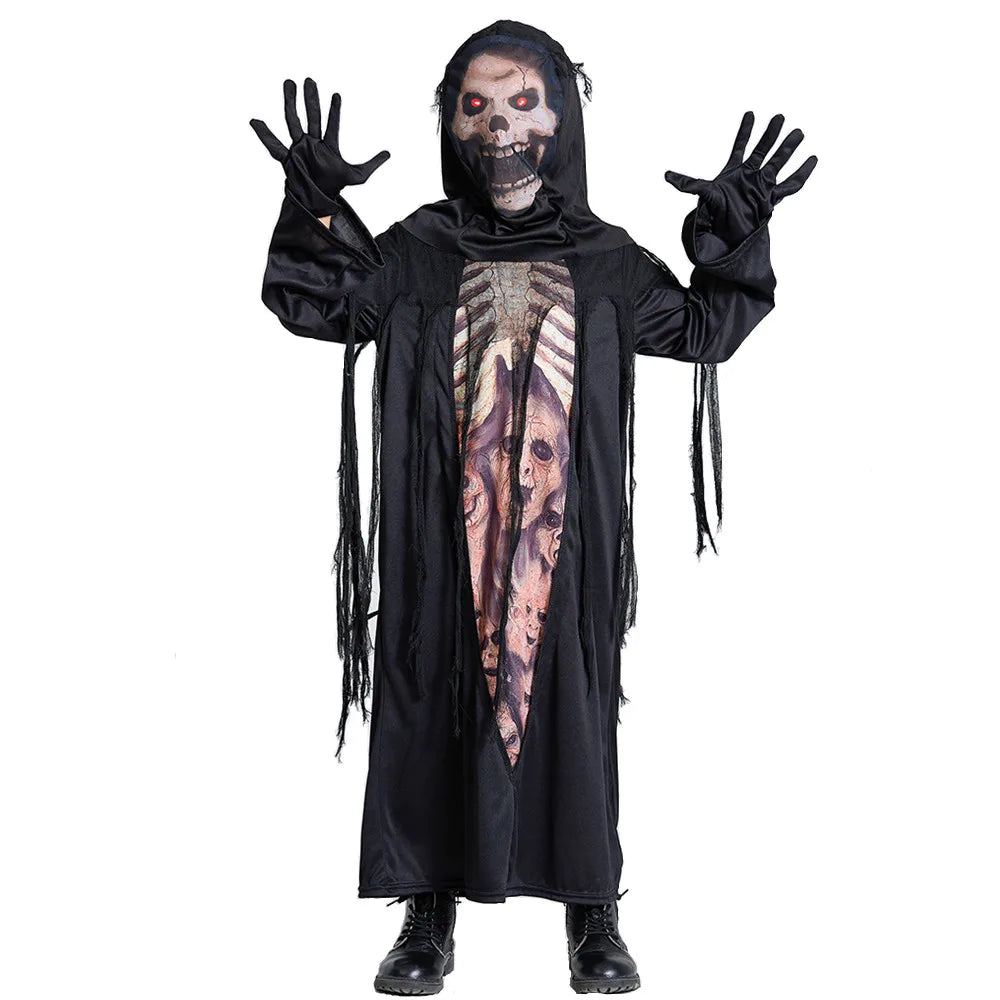 Kids Black Grim Reaper Costume – Hooded Robe, Headgear & Gloves