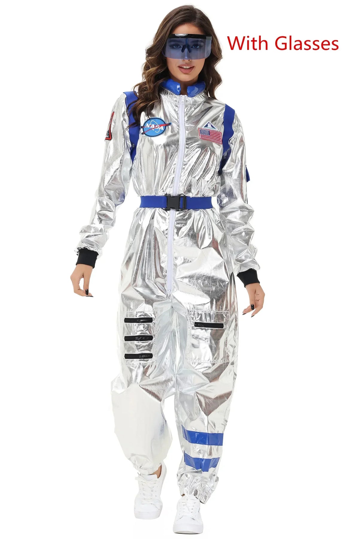 Adults Silver Astronaut Costume Space Suit Men Women Couple Jumpsuit Costume