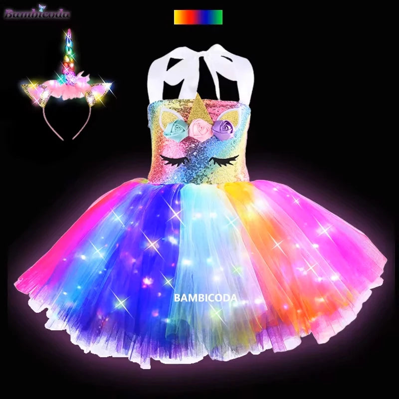 Girls Shiny Unicorn Tutu Led Lighting Dress Glowing Dresses Princess Dress Clothing