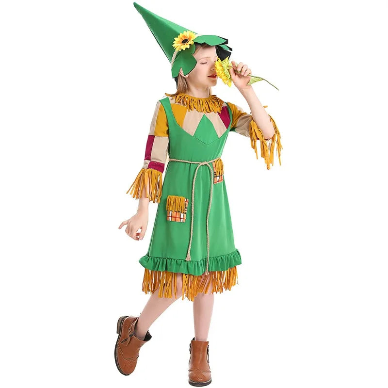Halloween Girls Wizard Of Scarecrow Green Tassel Puppet Girl Dress Masquerade Witch Party Disguise Costume - product image 2