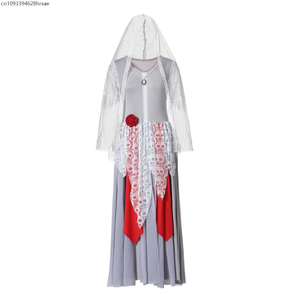 Women Ghost Bride Halloween Costume With Veil Skull Lace Red Rose Gothic - product image 5