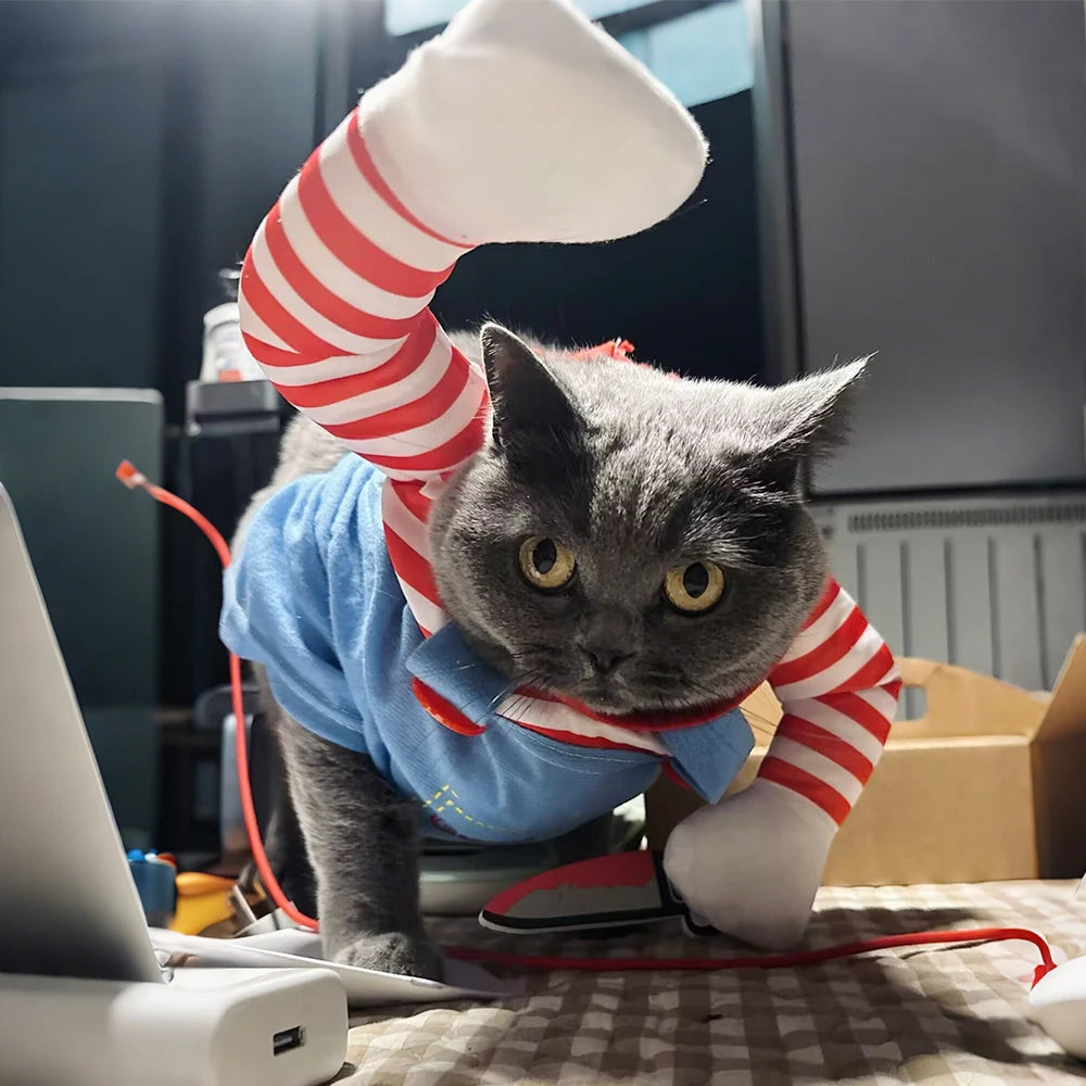 Halloween Pet Costume Cat Costume Holding Knife Puppy Kitten Dress Up Shirt Cats Dogs - Blue without hat / S