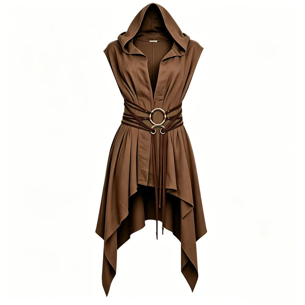 Women Irregular Hem Renaissance Elf Tunic Robe Medieval Ranger Hooded Sleeveless