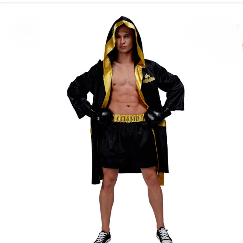 Adult Boxing Champion Costume Man Women Boxer Robe Gold Belt Suits Competition Training - black / One Size