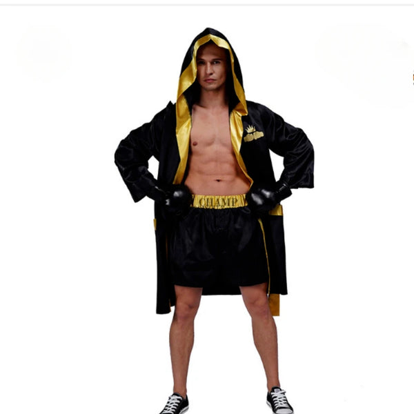 Adult Boxing Champion Costume Man Women Boxer Robe Gold Belt Suits Competition Training - black / One Size