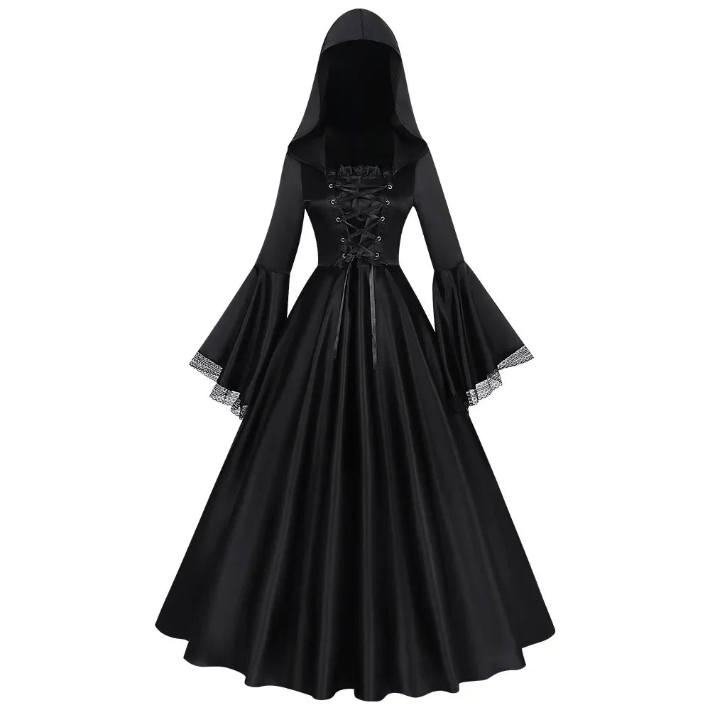 Renaissance Gothic Hooded Dress for Women Black Square Neck Flare Sleeve Big Swing Long Dresses Female - product image 7