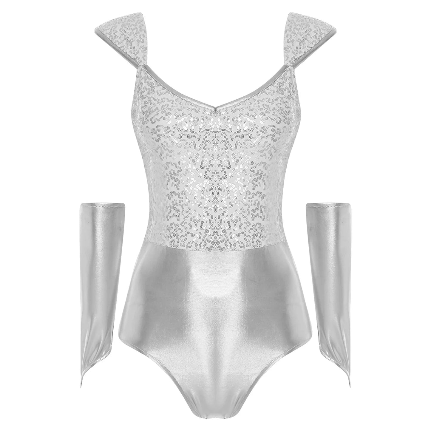 Adult Tin Glittery Sequin Metallic Shiny Bodysuit Removable Sleeves Dance Costume - alternate view 2