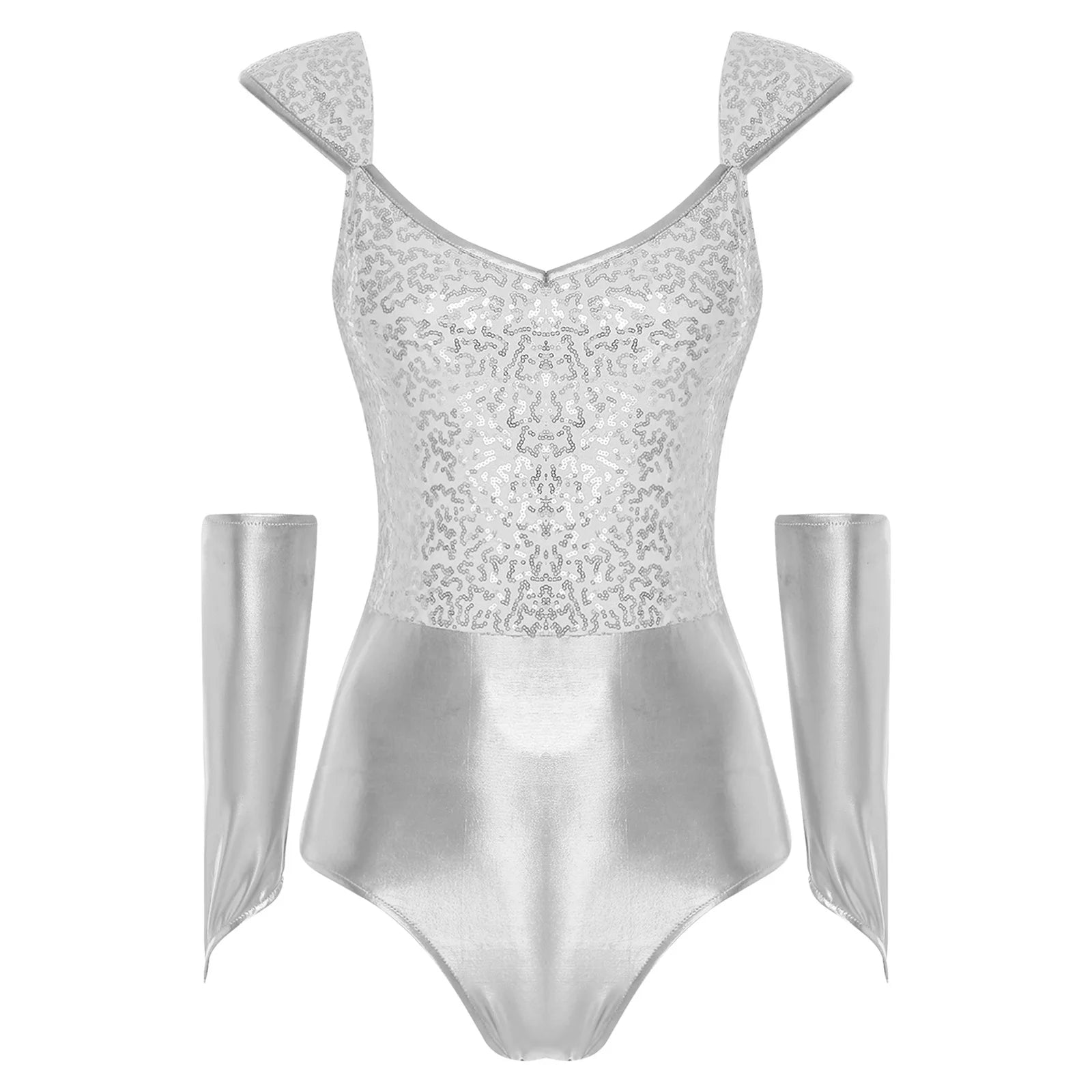 Adult Tin Glittery Sequin Metallic Shiny Bodysuit Removable Sleeves Dance Costume - alternate view 2
