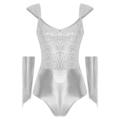 Adult Tin Glittery Sequin Metallic Shiny Bodysuit Removable Sleeves Dance Costume - alternate view 2