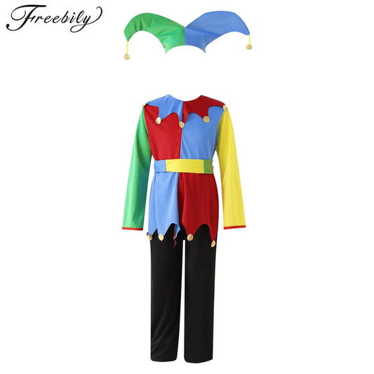 Girl Boy Circus Clown Cospaly Costume Halloween Performance Dress Hat Waistband Pants Set - Dress / 11-14Y