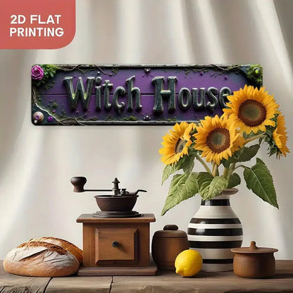 Witch House Purple Mossy Fantasy Tin Sign, Gothic Halloween Metal Wall Decor for Home, Witchcraft Room, Spooky Rustic Iron Plaqu