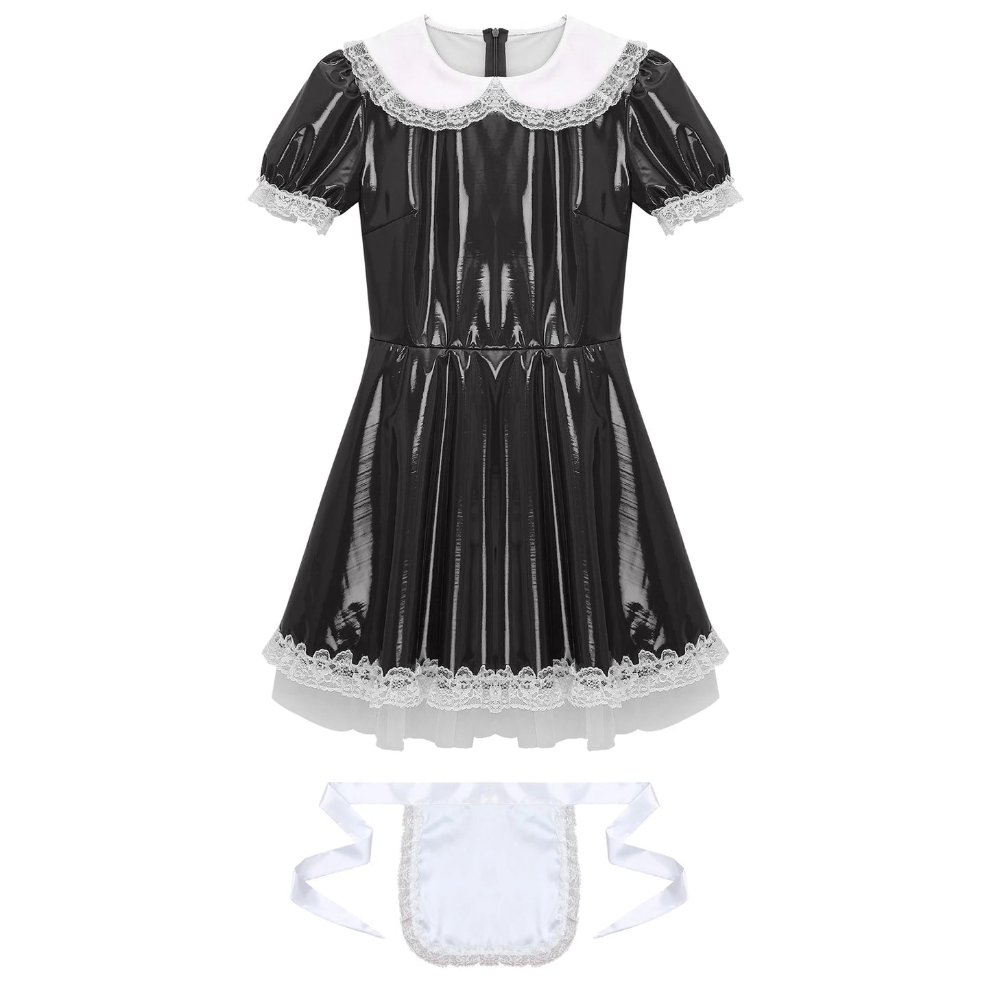 Women's Servants Maid Puff Sleeve Lace Patent Leather Apron Nightwear Costume - alternate view 5