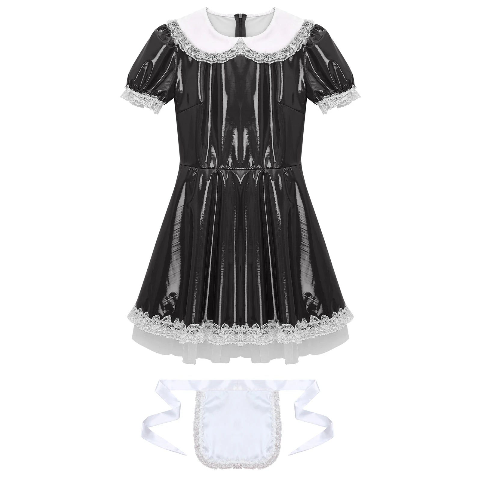 Women's Servants Maid Puff Sleeve Lace Patent Leather Apron Nightwear Costume - alternate view 5