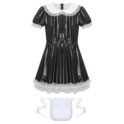Women's Servants Maid Puff Sleeve Lace Patent Leather Apron Nightwear Costume - alternate view 5
