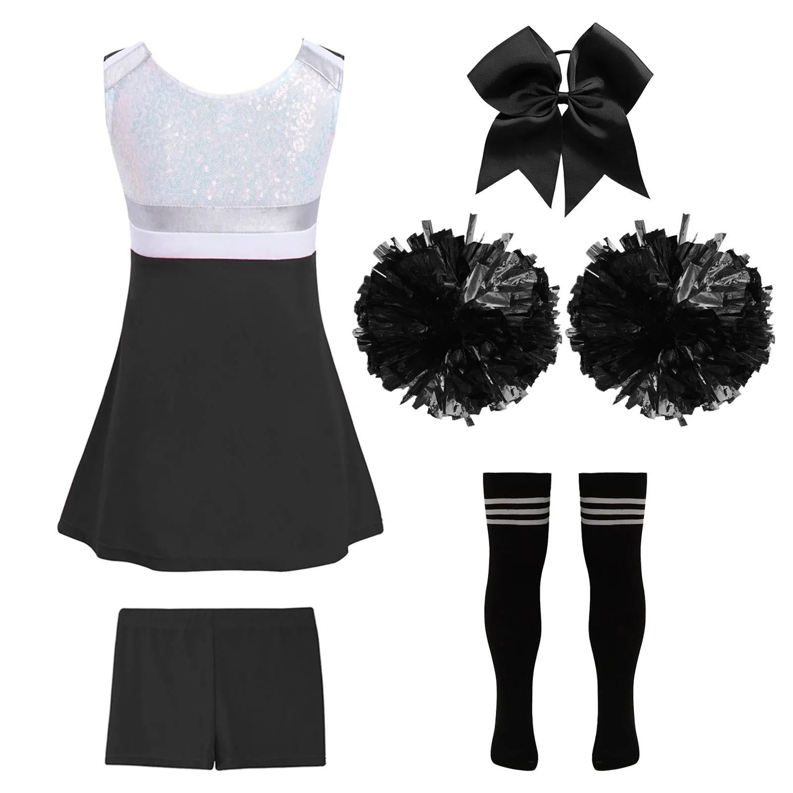 Girls' Cheerleader Costume Uniform with Pom-Poms - A White Black 12