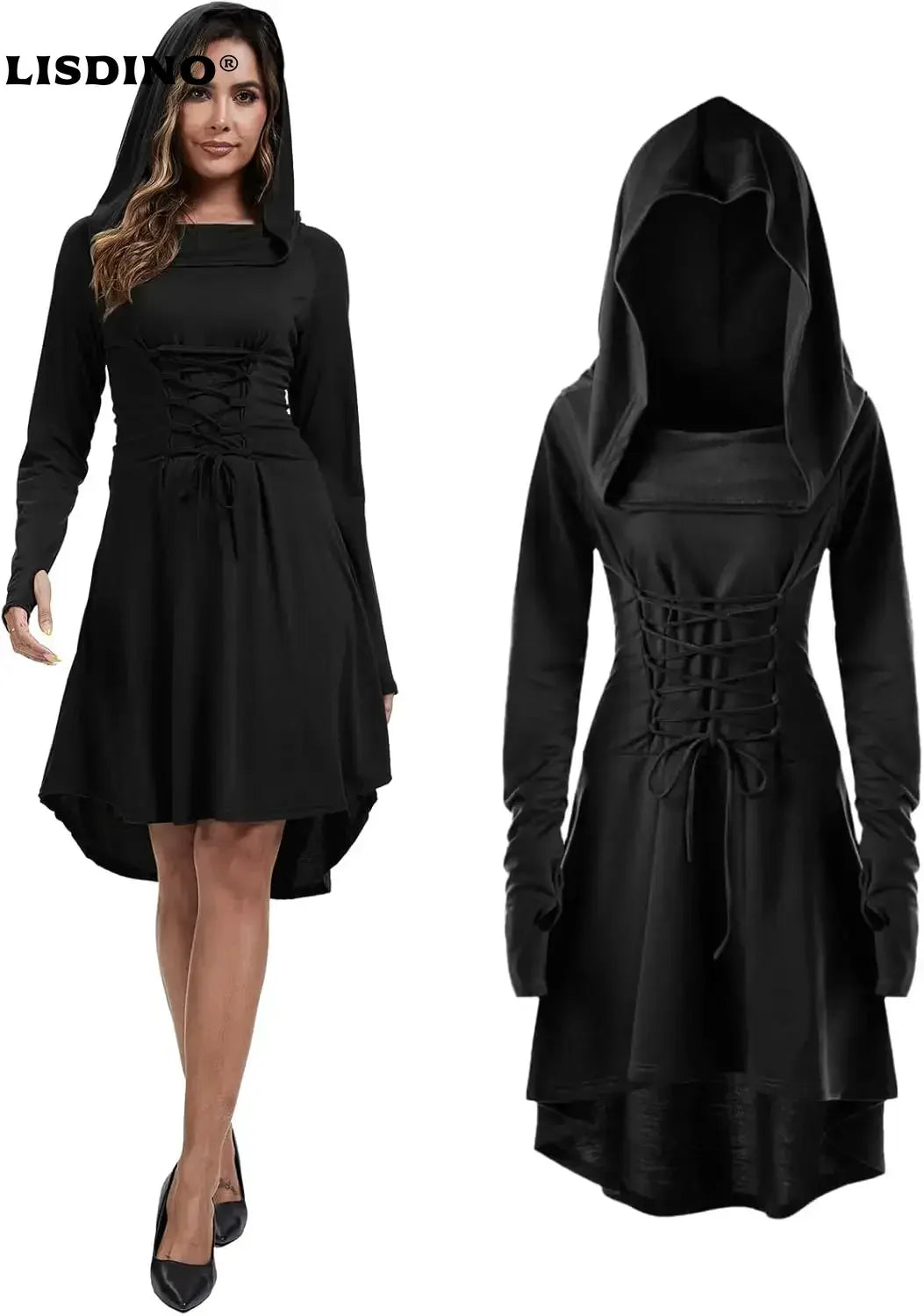Womens Renaissance Costumes Hooded Robe Lace Up Halloween Medieval High Low Long Hoodie Dress Cloak - product image 1