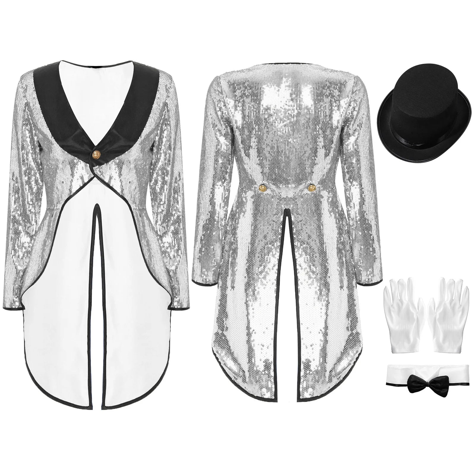 Women's Magician Costume Set Halloween Costume Sleeve One-Button Patchwork Sequin Tailcoat - Silver / 3XL