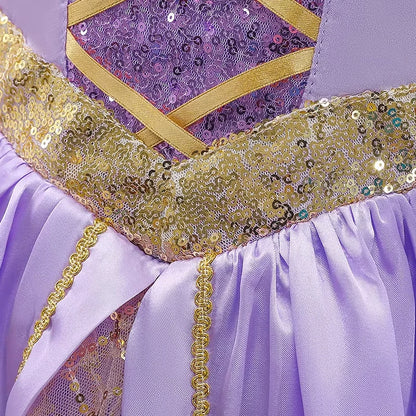 Girl Rapunzel Princess Dress for Kids Halloween Cosplay Tangled Costume Birthday Party Gifts Purple Sequins Mesh Bow Clothing