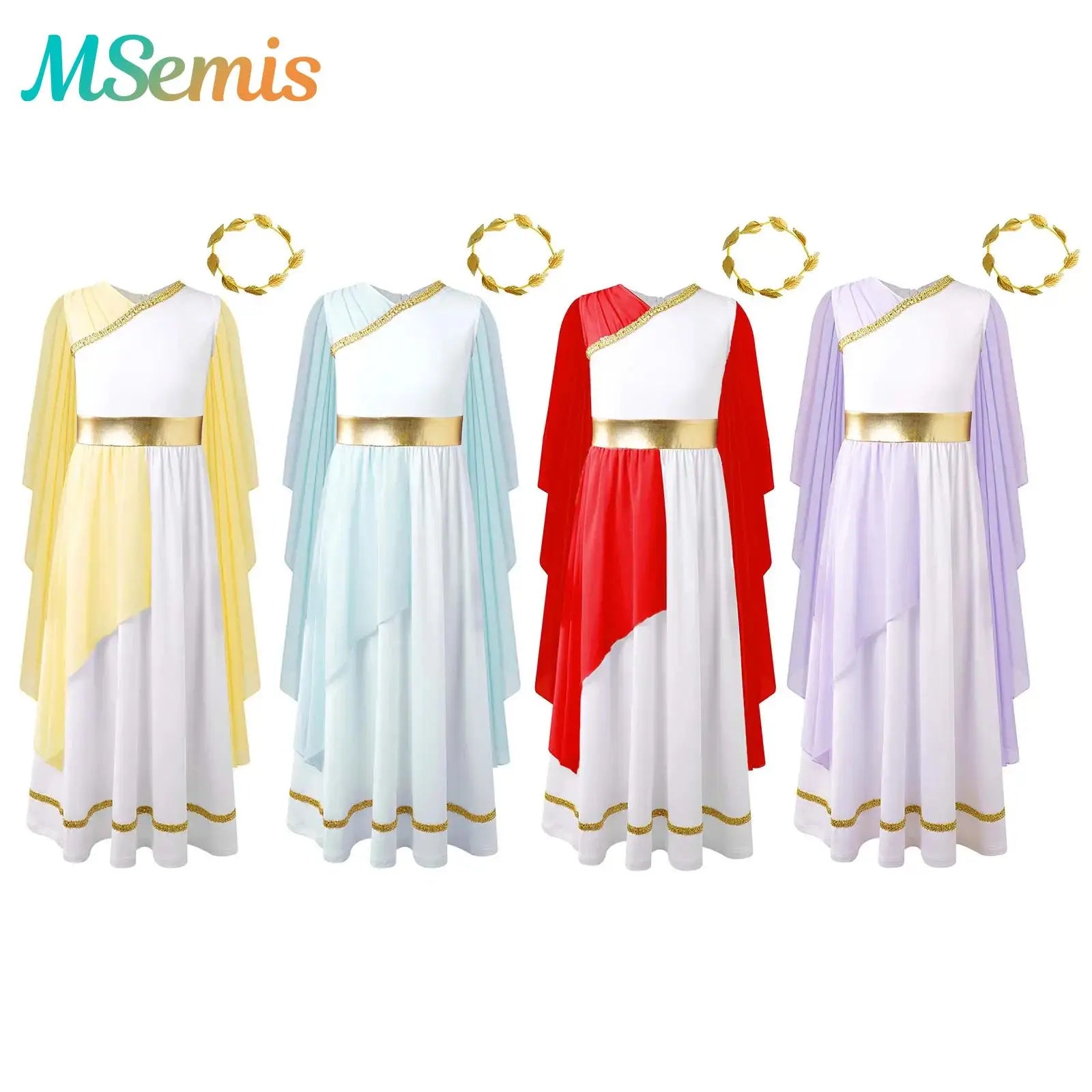 Girls Halloween Greek Deity Beauty Roman Princess Cosplay Costumes Gold Leaves Garland Headwear Cap Sleeve - product image 1